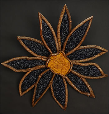 Dark Blue Gerbera Daisy handwoven wall sculpture by master basket weaver Tina Puckett of Winsted, CT