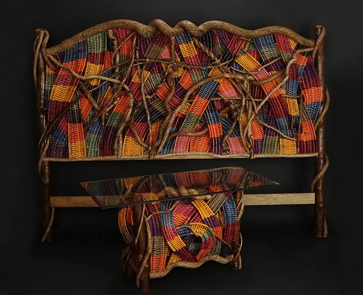 Perfect Waves of Color, a custom-built and custom-woven headboard by master basket weaver Tina Puckett of Winsted, CT