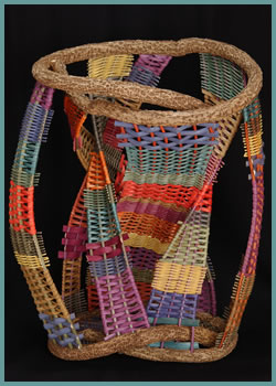 Hourglass is a free-standing woven sculpture by master basket weaver Tina Puckett - Tinas Baskets of Winsted, CT