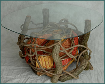 The Dragon Pouch Table - custom built, custom woven by basket artist Tina Puckett of Winsted, CT