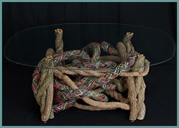 Swirls of Pastel, an end table built and woven by basket artist Tina Puckett of Tina's Baskets